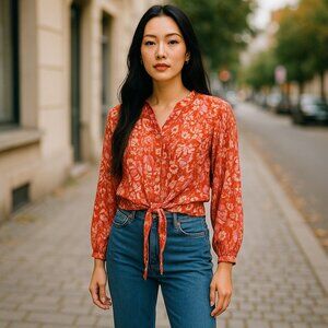 Tie-Front Floral Blouse - Red -